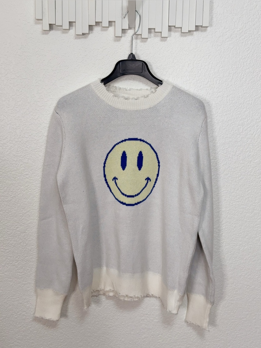 Miss Sparkling Smiley Face Graphic Distressed Knit Crewneck Sweater